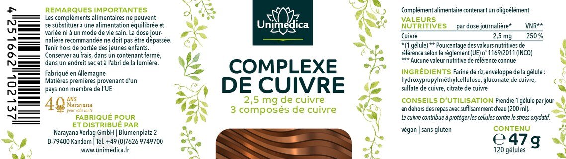 Complexe de cuivre - 2.5 mg de cuivre - avec 3 composés de cuivre - 120 gélules - par Unimedica