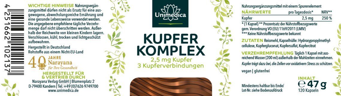 Kupfer Komplex - 2,5 mg pro Tagesdosis (1 Kapsel) - mit 3 Kupferverbindungen - 120 Kapseln - von Unimedica