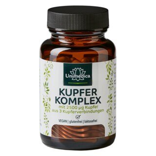 Kupfer Komplex - 2,5 mg Kupfer - mit 3 Kupferverbindungen - 120 Kapseln - von Unimedica/