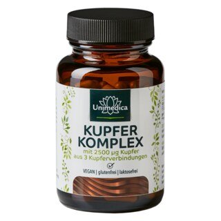 Kupfer Komplex - 2,5 mg pro Tagesdosis (1 Kapsel) - mit 3 Kupferverbindungen - 120 Kapseln - von Unimedica