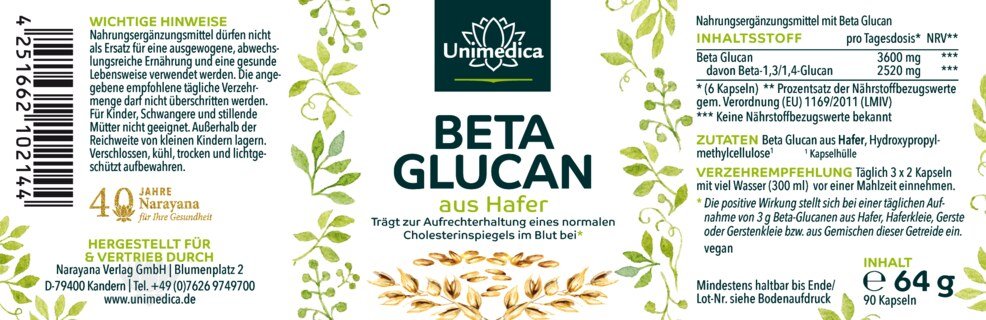 Beta Glucan - 3600 mg Beta Glucan pro Tagesdosis (6 Kapseln) - 90 Kapseln - von Unimedica