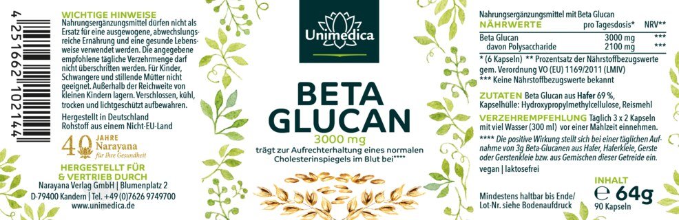 Beta Glucan - 70 % Polysaccharide aus Hafer - 3000 mg Beta Glucan pro Tagesdosis (6 Kapseln) - 90 Kapseln - von Unimedica