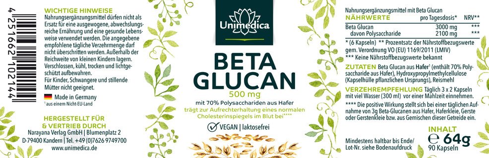 Bêta-glucanes  70 % de polysaccharides provenant d'avoine - 90 gélules contenant chacune 500 mg de bêta-glucanes  par Unimedica