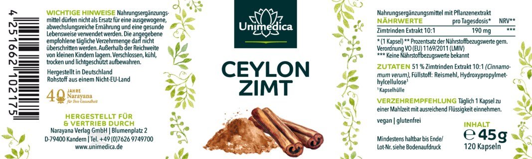 Ceylon Zimt Extrakt 10:1 - 190 mg pro Tagesdosis (1 Kapsel) - 120 Kapseln - von Unimedica