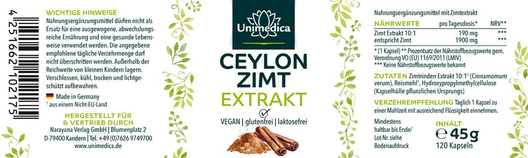 Ceylon Zimt Extrakt 10 : 1 - 190 mg pro Tagesdosis (1 Kapsel) - 120 Kapseln - von Unimedica