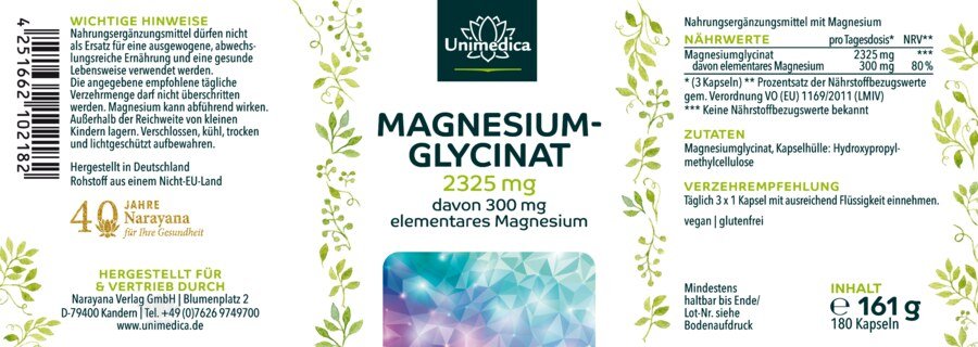 Magnesiumglycinat - 300 mg elementares Magnesium pro Tagesdosis (3 Kapseln) - 180 Kapseln - von Unimedica