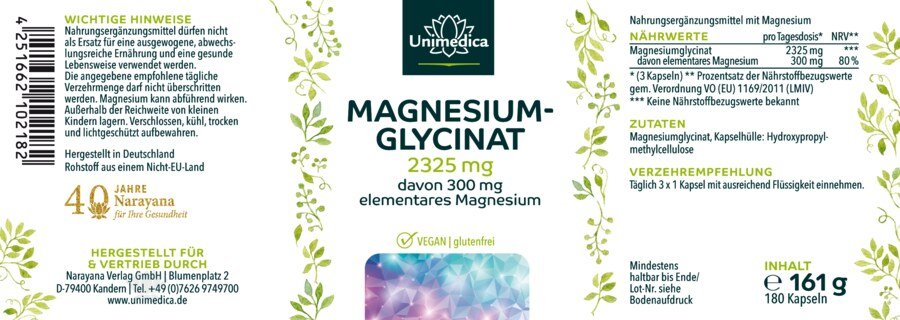 Magnesium glycinate- with 300 mg pure magnesium per daily dose - 180 capsules - from Unimedica