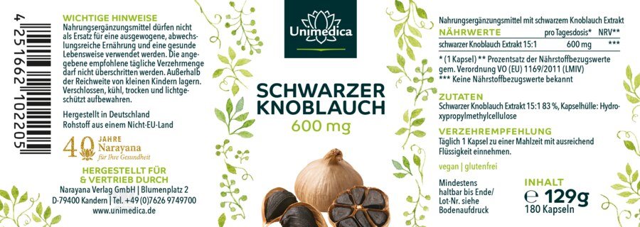 Schwarzer Knoblauch - 600 mg pro Tagesdosis (1 Kapsel) - fermentiert und geruchlos - 180 Kapseln - von Unimedica