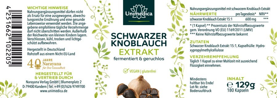 Schwarzer Knoblauch - 600 mg pro Tagesdosis (1 Kapsel) - fermentiert und geruchlos - 180 Kapseln - von Unimedica