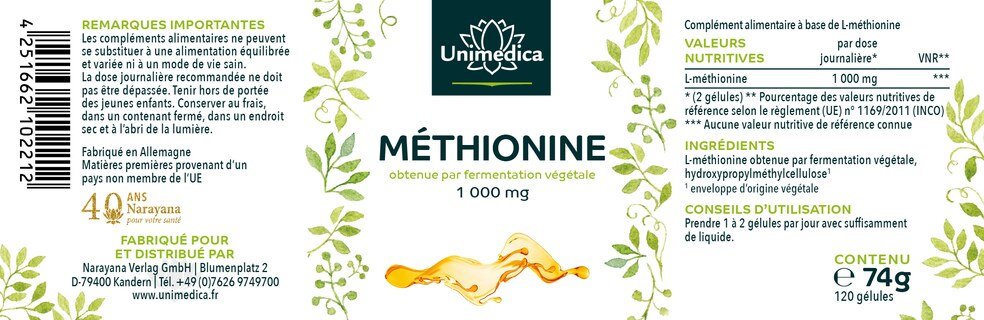 Méthionine - 1000 mg par dose journalière (2 gélules) - 120 gélules - par Unimedica