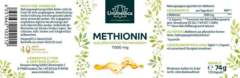 Methionin - 1000 mg pro Tagesdosis (2 Kapseln)  - 120 Kapseln  - von Unimedica