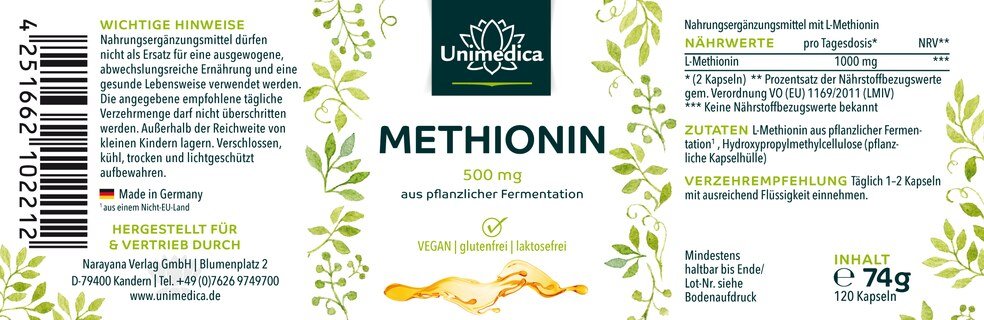 Méthionine - 1000 mg par dose journalière (2 gélules) - 120 gélules - par Unimedica