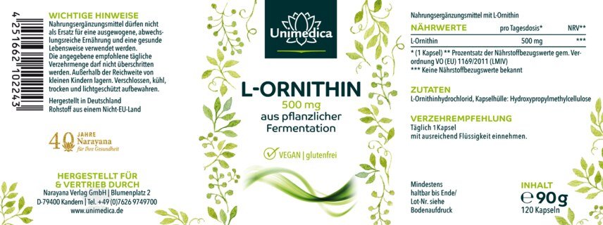 L-Ornithin - 500 mg pro Tagesdosis - 120 Kapseln - von Unimedica