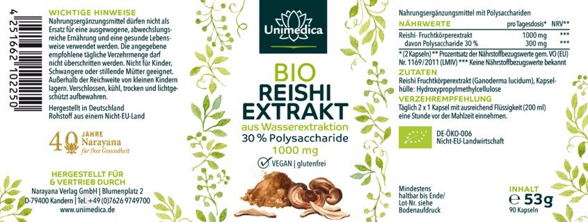Bio Reishi Extrakt - 1000 mg pro Tagesdosis (2 Kapseln) - Extrakt mit 30 % Polysacchariden - aus Wasserextraktion - 90 Kapseln - von Unimedica