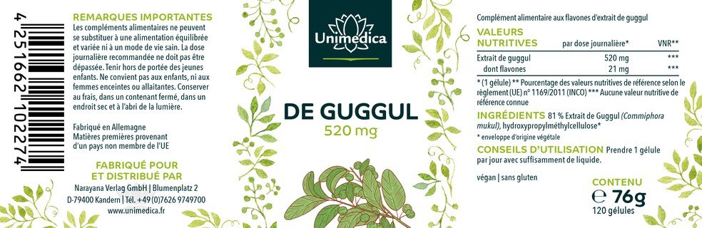 Extrait de guggul - 520 mg - avec 4 % de flavones - 120 gélules - par Unimedica