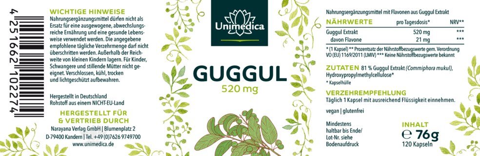 Guggul Extrakt - 520 mg pro Tagesdosis (1 Kapsel) - 120 Kapseln - von Unimedica