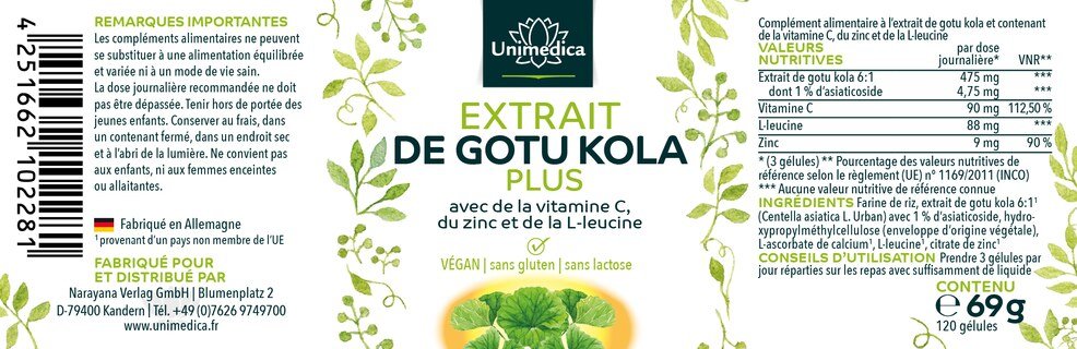 Extrait de gotu kola 6:1 Plus  avec de la vitamine C, du zinc et de la L-leucine - 120 gélules - par Unimedica