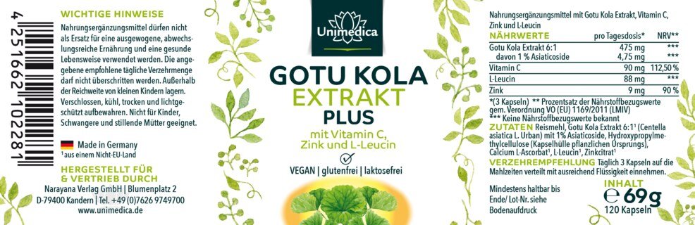 Gotu Kola Extrakt Plus - mit Vitamin C, Zink und L-Leucin - 120 Kapseln - von Unimedica