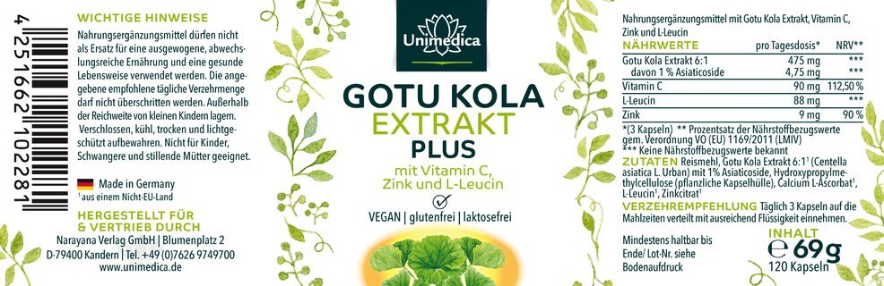 Extrait de gotu kola 6:1 Plus  avec de la vitamine C, du zinc et de la L-leucine - 120 gélules - par Unimedica