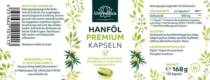 Hanföl Premium - 1.000 mg - 120 Kapseln - von Unimedica