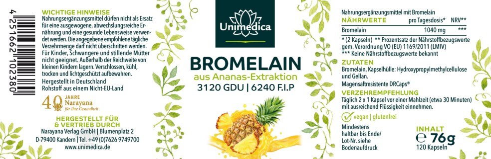 Bromelain - 1040 mg pro Tagesdosis - 1200 GDU/g  (>1248 FIP) - mit magensaftresistenten DR® Caps - 120 Kapseln - von Unimedica
