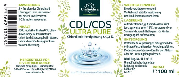 CDL/CDS - ULTRA PURE - Chlordioxid-Fertiglösung ≤ 0,3 % - 100 ml - von Unimedica