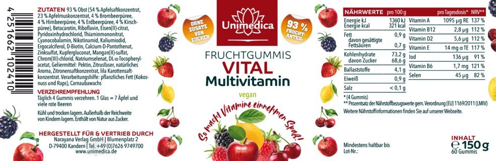Vital - Multivitamin - Fruchtgummis - vegan - 60 Gummis - von Unimedica