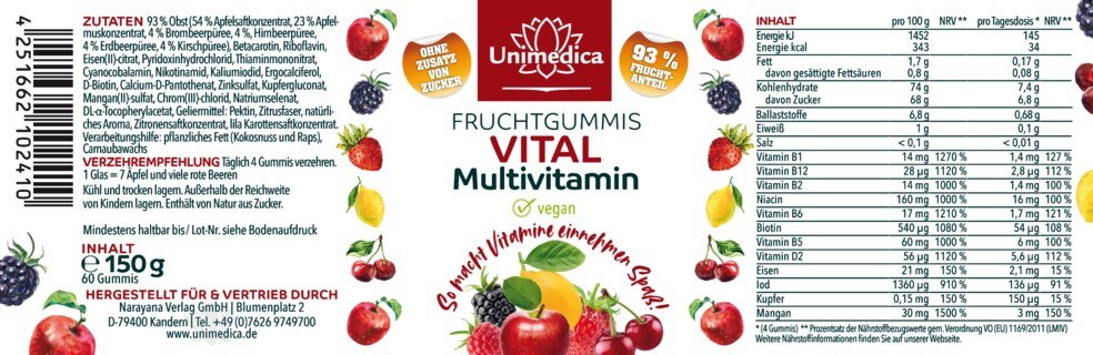 Vital - Multivitamin - Fruchtgummis - vegan - 60 Gummis - von Unimedica