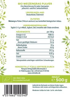 Bio Weizengras Pulver - aus Deutschland/Österreich - naturrein - 500 g - von Unimedica