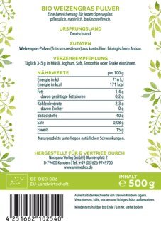 Bio Weizengras Pulver -  naturrein - 500g - von Unimedica
