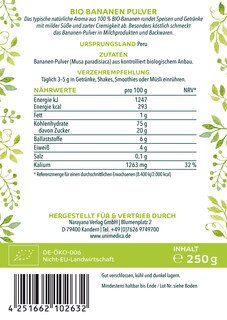 Bio Bananen Pulver - naturrein - milde Süße - 250 g - vegan - von Unimedica