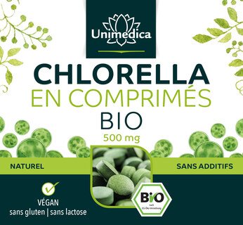 Chlorella BIO - 500 comprimés contenant chacun 500 mg de poudre de chlorella pure - testée en laboratoire et naturelle - par Unimedica