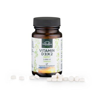 Vitamin D3 / K2 5000 I.E. Depot - 125 µg D3 und 100 µg K2 - 180 Tabletten - von Unimedica