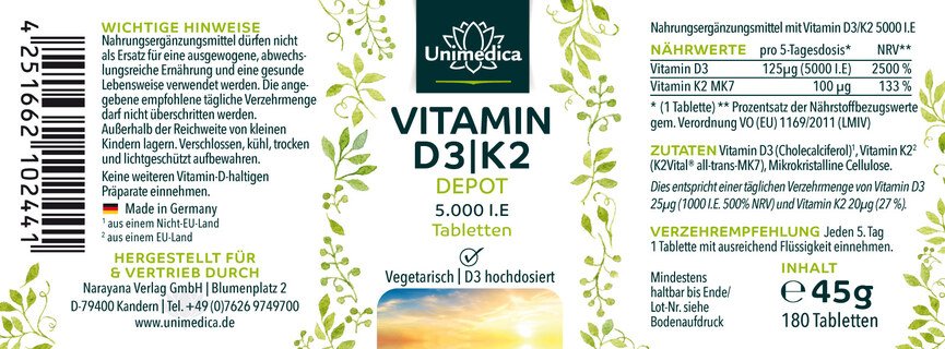 Vitamine D3/K2 5 000 UI  125 µg D3 et 100 µg K2 par dose journalière - par Unimedica