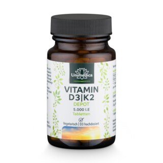 Vitamin D3 / K2 5000 I.E. Depot - 125 µg D3 und 100 µg K2 pro 5 Tagesdosis (Jeden 5. Tag eine Tablette) - 180 Tabletten - von Unimedica/