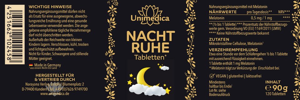 Nachtruhe Tabletten mit Melatonin - 120 Tabletten - von Unimedica
