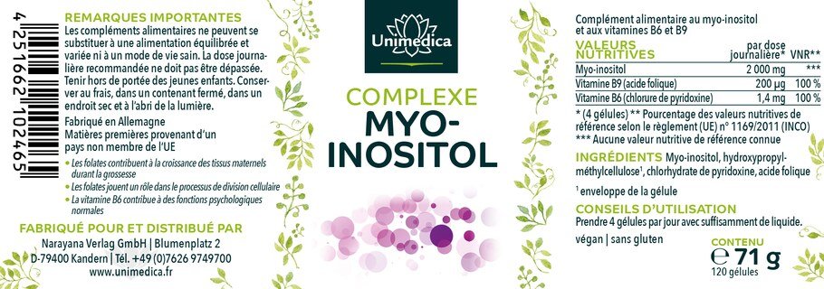 Complexe myo-inositol  avec folates et vitamine B6 - 120 gélules - par Unimedica