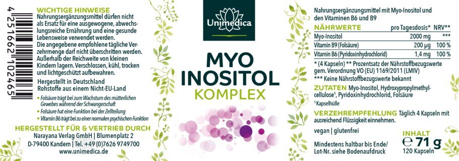 Myo Inositol Komplex - mit Folsäure und Vitamin B6 - 120 Kapseln - von Unimedica