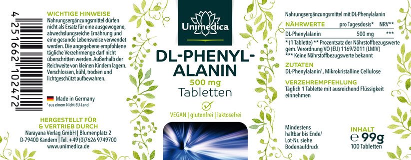 DL-Phenylalanin 100 Tabletten - 500 mg pro Tagesdosis - von Unimedica