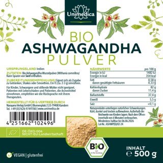 Bio Ashwagandha Pulver - echte indische Schlafbeere - 500 g - von Unimedica