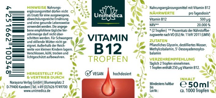 2er-Sparset: Vitamin B12 Tropfen - 500 µg pro Tagesdosis (2 Tropfen) -  ohne Alkohol -  VEGAN - 2 x 50 ml - von Unimedica