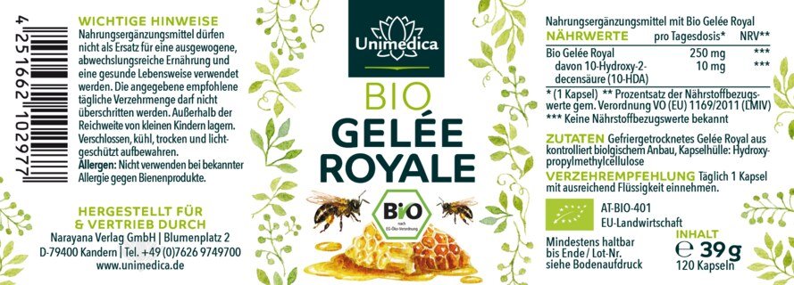 Bio Gelée Royale - 250 mg pro Tagesdosis (1 Kapsel) - 120 Kapseln -  von Unimedica