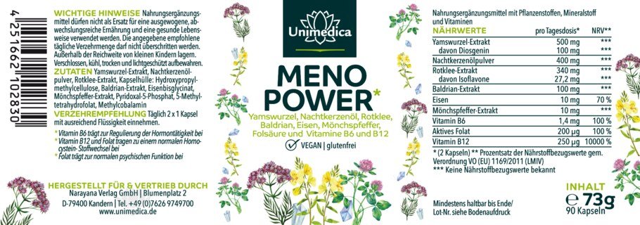 Menopower* - Komplex mit Yamswurzel, Nachtkerzenöl, Eisen und B-Vitaminen - 90 Kapseln - von Unimedica