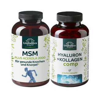 Set: MSM plus Acerola 2000 - 365 tablets and hyaluron AND collagen comp - with vitamins and minerals - 180 capsules - by Unimedica/