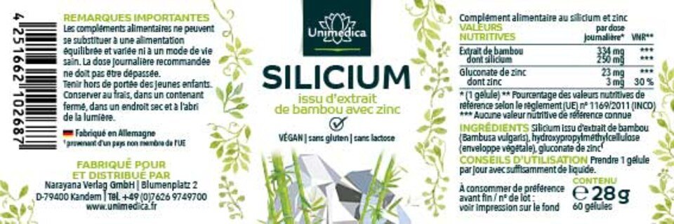 Silicium issu d'extrait de bambou avec zinc - 60 gélules - par Unimedica