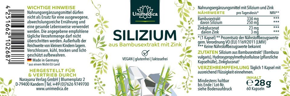 Silizium aus Bambus mit Zink - 250 mg  und 3 mg pro Tagesdosis - 60 Kapseln - von Unimedica