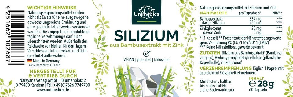 Silizium aus Bambusextrakt mit Zink - 250 mg Silizium pro Tagesdosis (1 Kapsel) - 60 Kapseln - von Unimedica