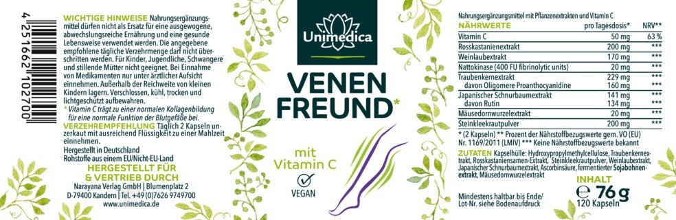 Venenfreund* - Komplex mit Vitamin C - 120 Kapseln - von Unimedica