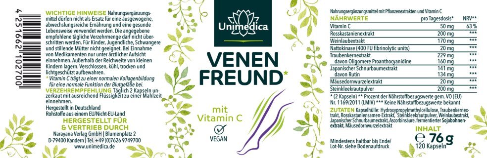 Venenfreund* - mit Vitamin C - 120 Kapseln - von Unimedica