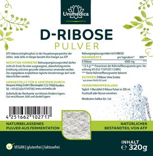D-Ribose Pulver - 4000 mg pro Tagesdosis - 320 g - von Unimedica